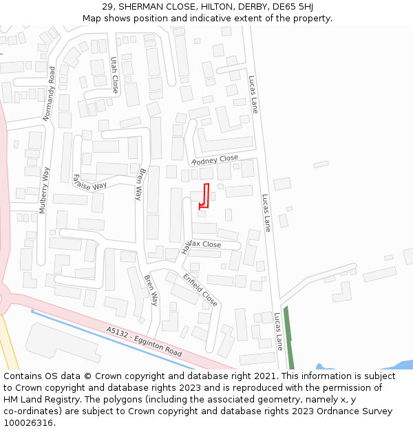 29, SHERMAN CLOSE, HILTON, DERBY, DE65 5HJ: Location map and indicative extent of plot