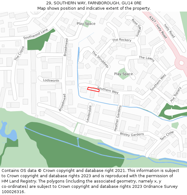 29, SOUTHERN WAY, FARNBOROUGH, GU14 0RE: Location map and indicative extent of plot