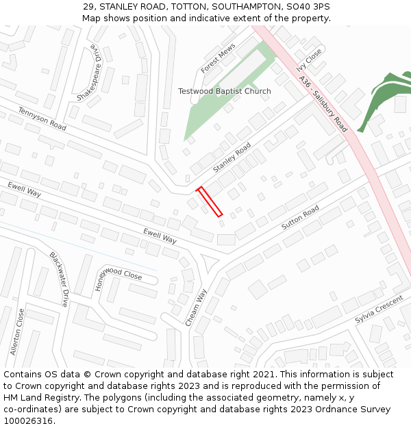 29, STANLEY ROAD, TOTTON, SOUTHAMPTON, SO40 3PS: Location map and indicative extent of plot