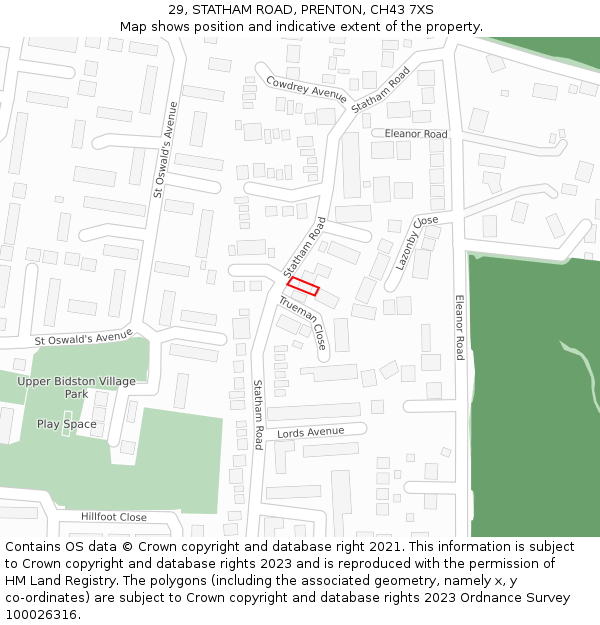 29, STATHAM ROAD, PRENTON, CH43 7XS: Location map and indicative extent of plot