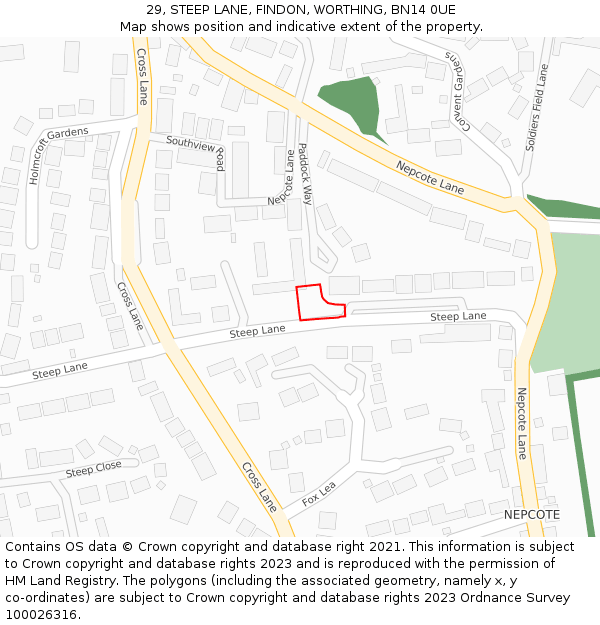 29, STEEP LANE, FINDON, WORTHING, BN14 0UE: Location map and indicative extent of plot