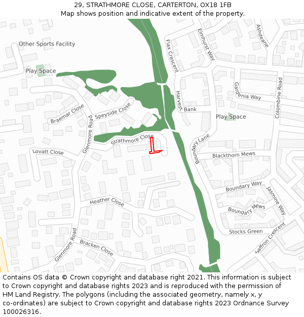 29, STRATHMORE CLOSE, CARTERTON, OX18 1FB: Location map and indicative extent of plot