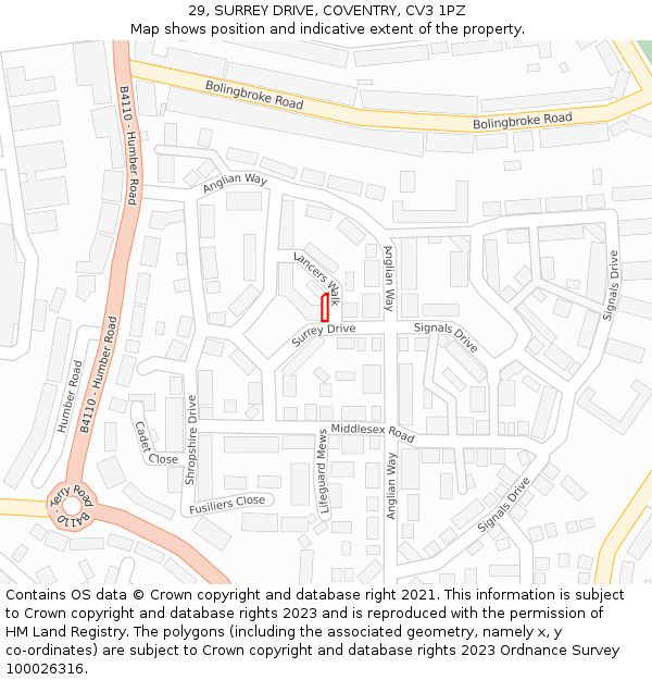 29, SURREY DRIVE, COVENTRY, CV3 1PZ: Location map and indicative extent of plot