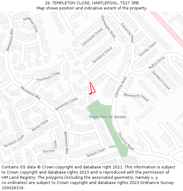 29, TEMPLETON CLOSE, HARTLEPOOL, TS27 3RB: Location map and indicative extent of plot