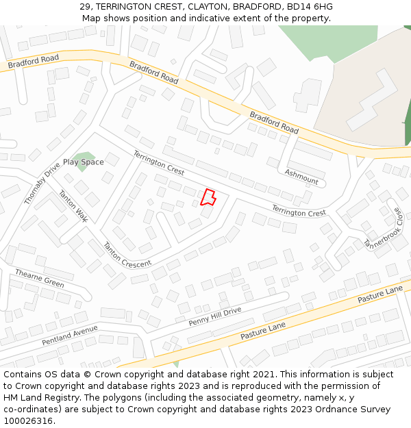 29, TERRINGTON CREST, CLAYTON, BRADFORD, BD14 6HG: Location map and indicative extent of plot