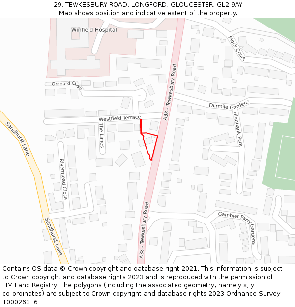 29, TEWKESBURY ROAD, LONGFORD, GLOUCESTER, GL2 9AY: Location map and indicative extent of plot