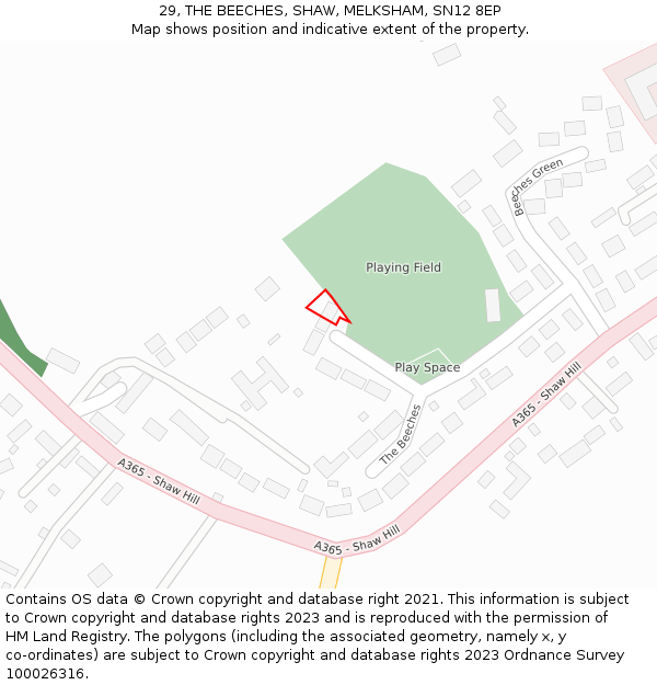29, THE BEECHES, SHAW, MELKSHAM, SN12 8EP: Location map and indicative extent of plot