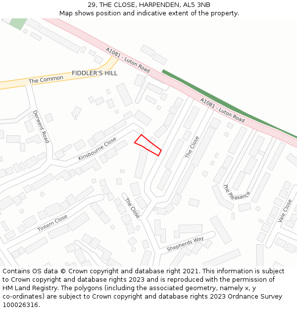 29, THE CLOSE, HARPENDEN, AL5 3NB: Location map and indicative extent of plot