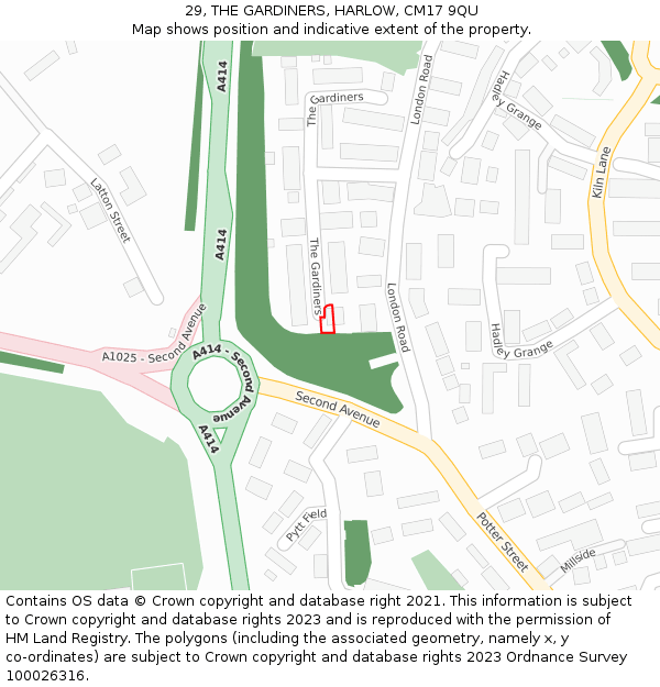 29, THE GARDINERS, HARLOW, CM17 9QU: Location map and indicative extent of plot