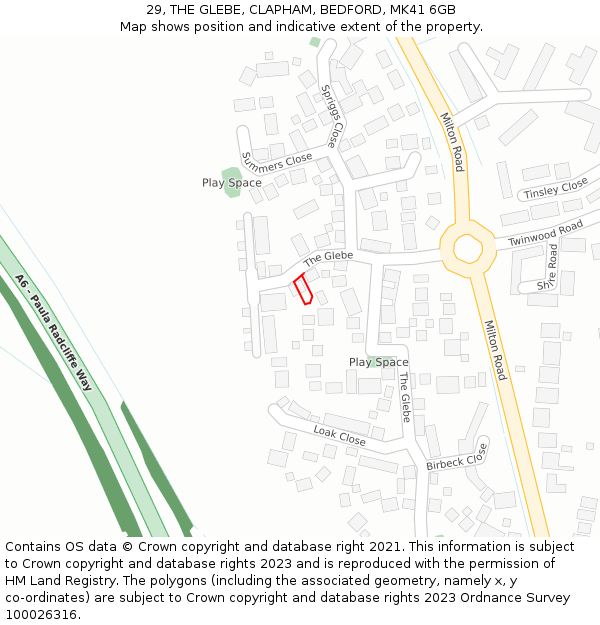 29, THE GLEBE, CLAPHAM, BEDFORD, MK41 6GB: Location map and indicative extent of plot