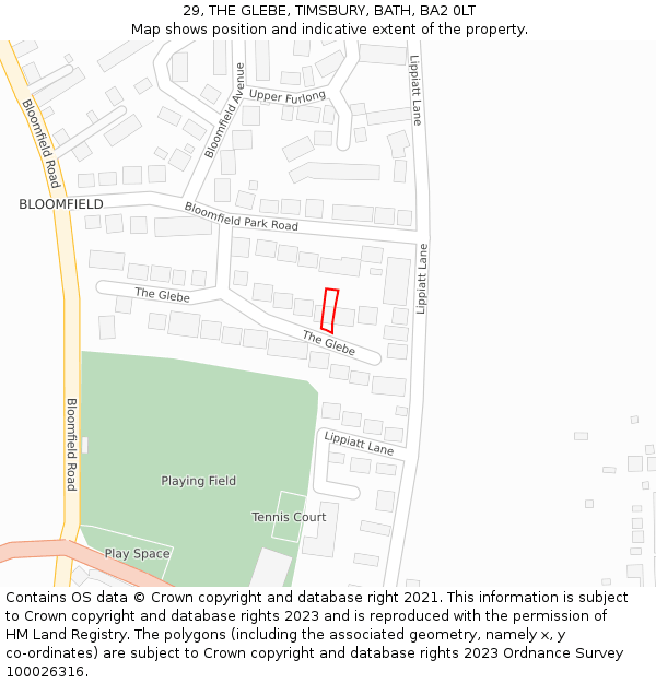 29, THE GLEBE, TIMSBURY, BATH, BA2 0LT: Location map and indicative extent of plot