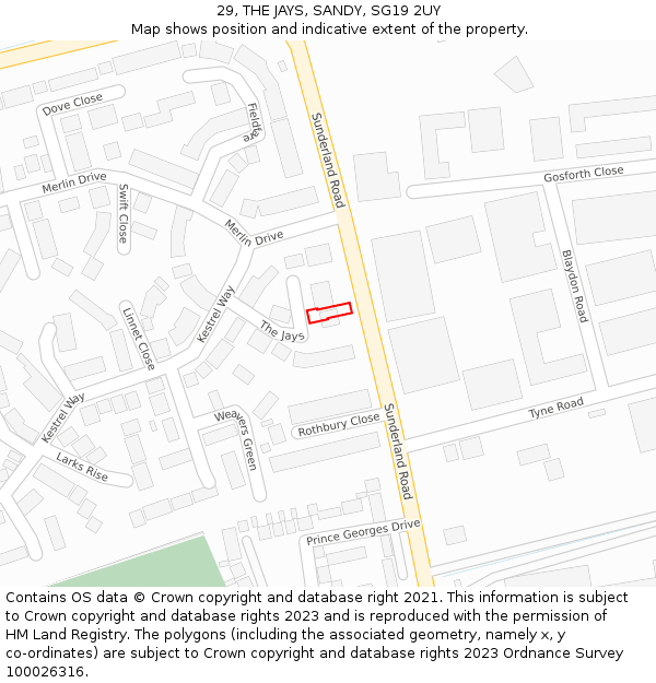 29, THE JAYS, SANDY, SG19 2UY: Location map and indicative extent of plot