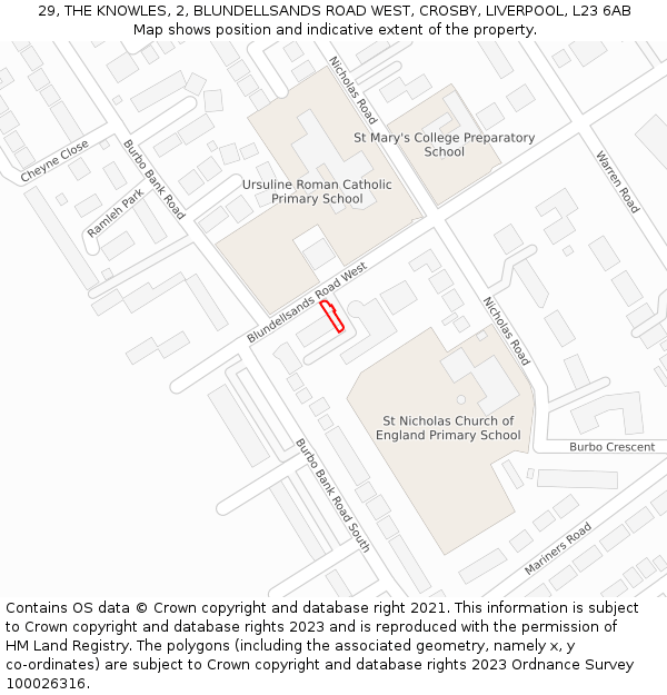 29, THE KNOWLES, 2, BLUNDELLSANDS ROAD WEST, CROSBY, LIVERPOOL, L23 6AB: Location map and indicative extent of plot
