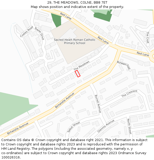 29, THE MEADOWS, COLNE, BB8 7ET: Location map and indicative extent of plot