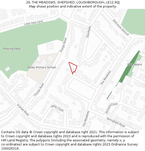29, THE MEADOWS, SHEPSHED, LOUGHBOROUGH, LE12 9QJ: Location map and indicative extent of plot