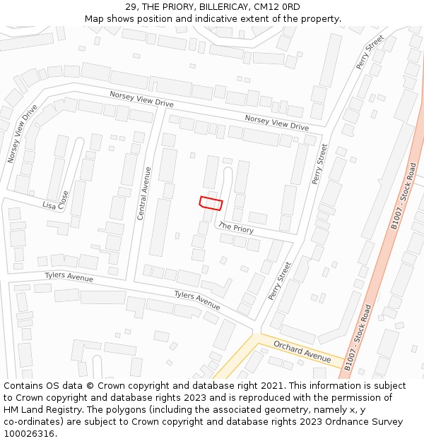 29, THE PRIORY, BILLERICAY, CM12 0RD: Location map and indicative extent of plot