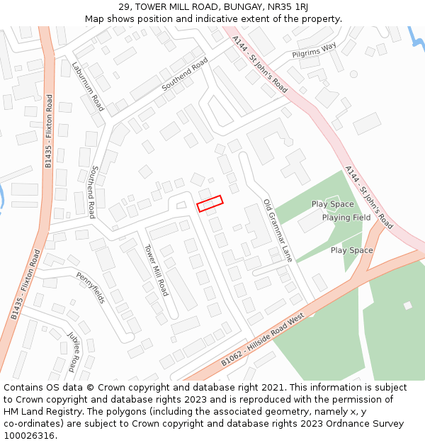 29, TOWER MILL ROAD, BUNGAY, NR35 1RJ: Location map and indicative extent of plot