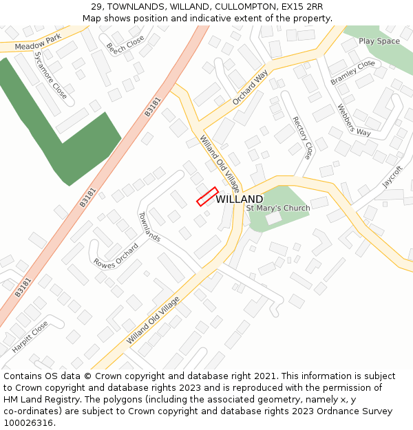 29, TOWNLANDS, WILLAND, CULLOMPTON, EX15 2RR: Location map and indicative extent of plot