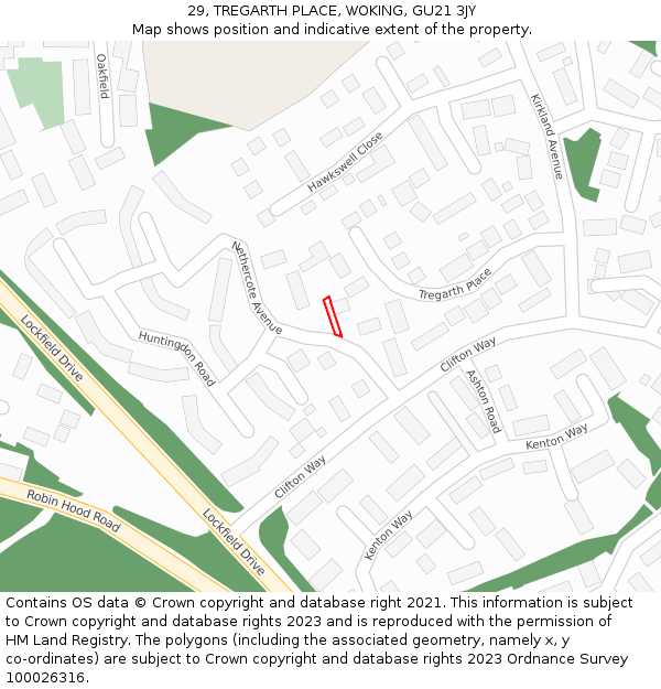 29, TREGARTH PLACE, WOKING, GU21 3JY: Location map and indicative extent of plot