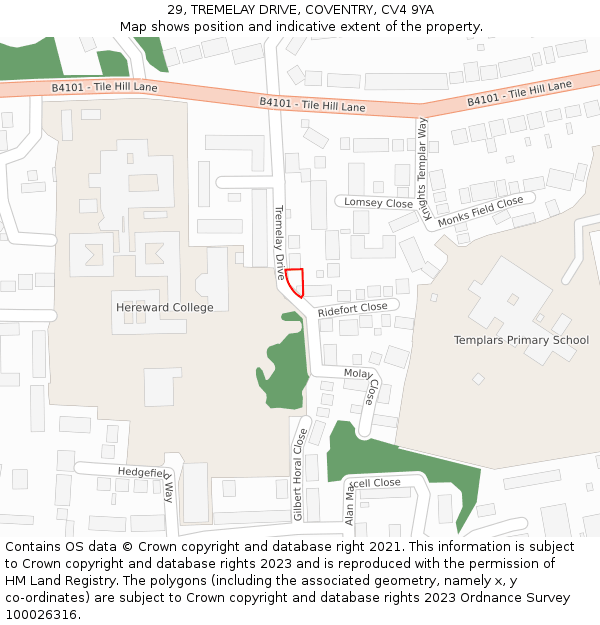 29, TREMELAY DRIVE, COVENTRY, CV4 9YA: Location map and indicative extent of plot