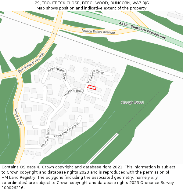 29, TROUTBECK CLOSE, BEECHWOOD, RUNCORN, WA7 3JG: Location map and indicative extent of plot