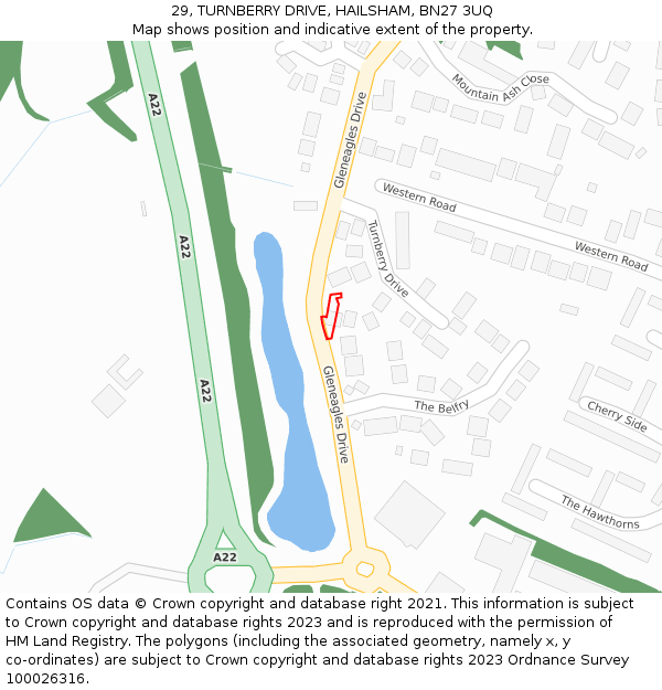29, TURNBERRY DRIVE, HAILSHAM, BN27 3UQ: Location map and indicative extent of plot