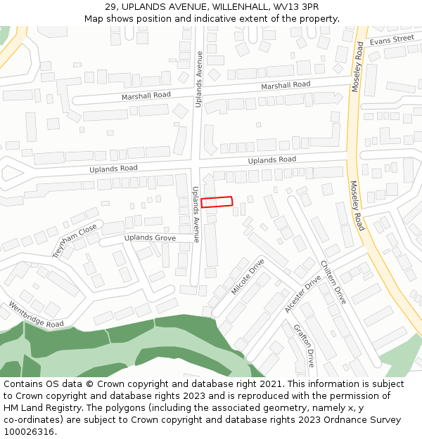 29, UPLANDS AVENUE, WILLENHALL, WV13 3PR: Location map and indicative extent of plot