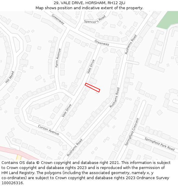 29, VALE DRIVE, HORSHAM, RH12 2JU: Location map and indicative extent of plot