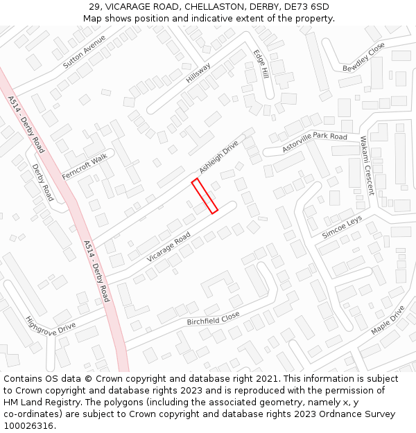 29, VICARAGE ROAD, CHELLASTON, DERBY, DE73 6SD: Location map and indicative extent of plot