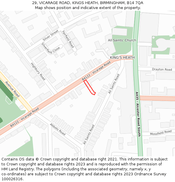 29, VICARAGE ROAD, KINGS HEATH, BIRMINGHAM, B14 7QA: Location map and indicative extent of plot