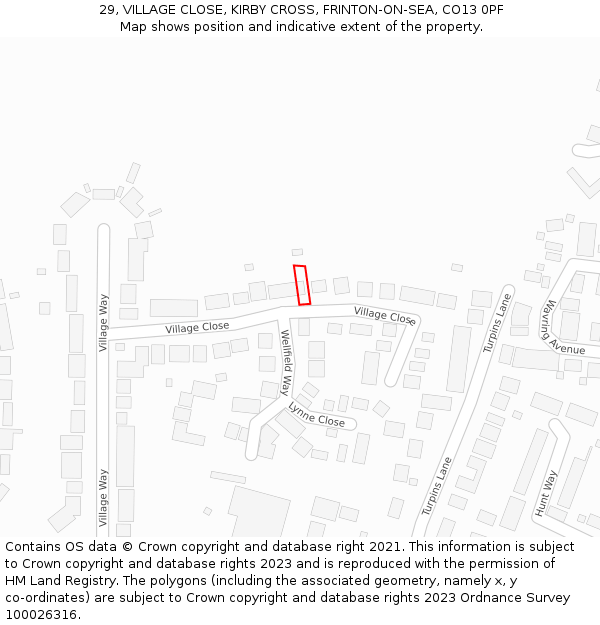 29, VILLAGE CLOSE, KIRBY CROSS, FRINTON-ON-SEA, CO13 0PF: Location map and indicative extent of plot