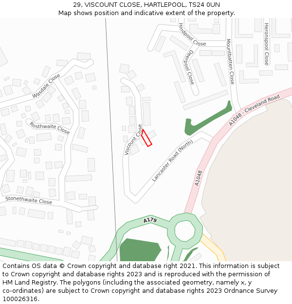 29, VISCOUNT CLOSE, HARTLEPOOL, TS24 0UN: Location map and indicative extent of plot