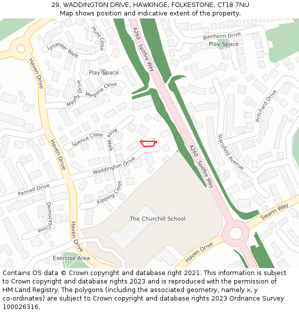 29, WADDINGTON DRIVE, HAWKINGE, FOLKESTONE, CT18 7NU: Location map and indicative extent of plot