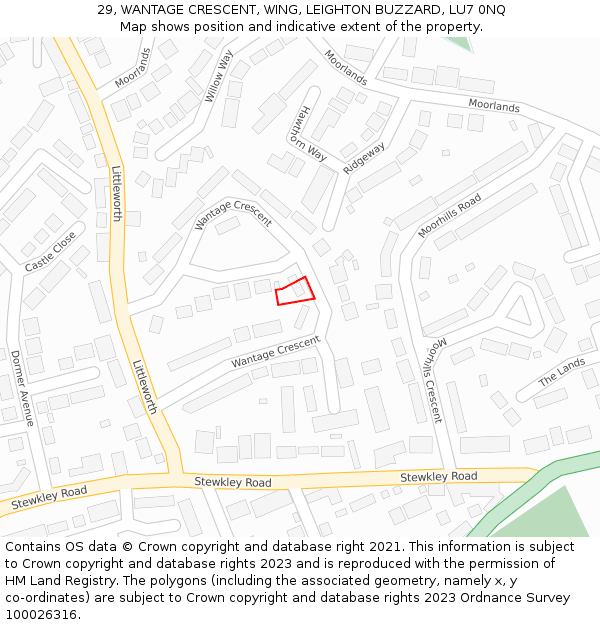 29, WANTAGE CRESCENT, WING, LEIGHTON BUZZARD, LU7 0NQ: Location map and indicative extent of plot