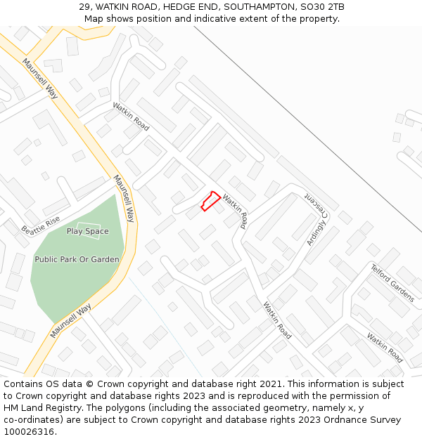 29, WATKIN ROAD, HEDGE END, SOUTHAMPTON, SO30 2TB: Location map and indicative extent of plot