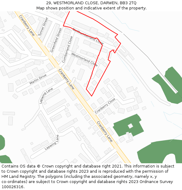 29, WESTMORLAND CLOSE, DARWEN, BB3 2TQ: Location map and indicative extent of plot