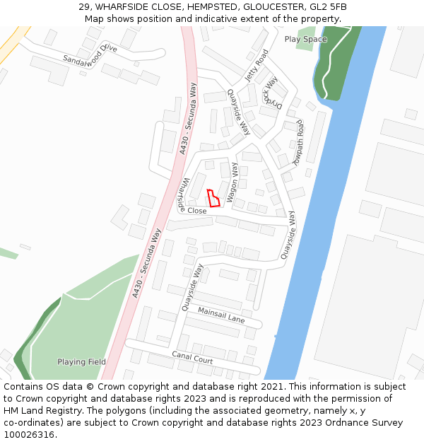 29, WHARFSIDE CLOSE, HEMPSTED, GLOUCESTER, GL2 5FB: Location map and indicative extent of plot