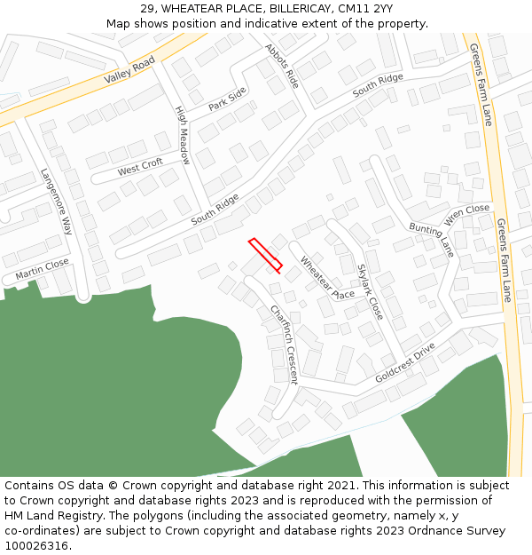 29, WHEATEAR PLACE, BILLERICAY, CM11 2YY: Location map and indicative extent of plot