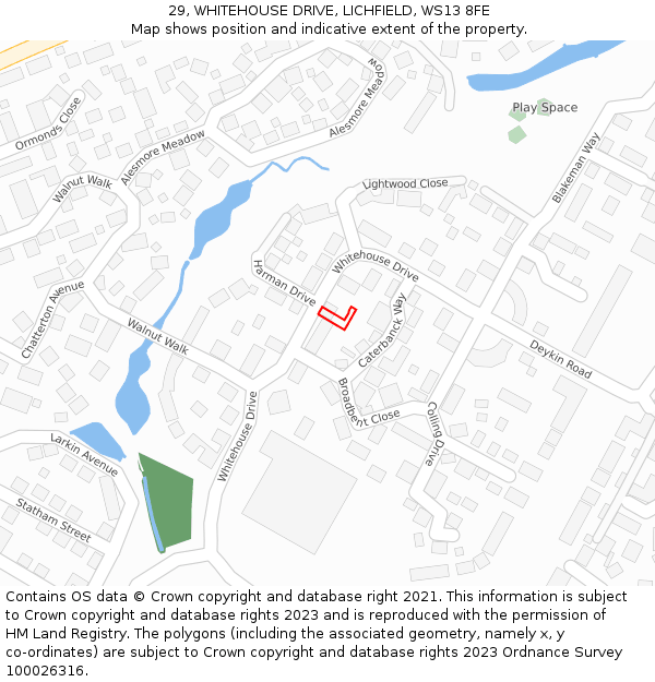 29, WHITEHOUSE DRIVE, LICHFIELD, WS13 8FE: Location map and indicative extent of plot