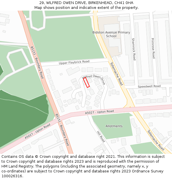 29, WILFRED OWEN DRIVE, BIRKENHEAD, CH41 0HA: Location map and indicative extent of plot