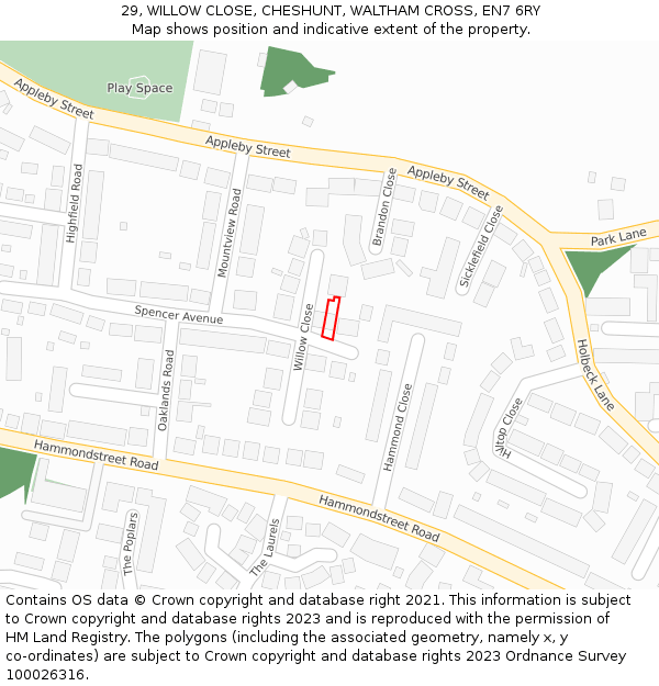 29, WILLOW CLOSE, CHESHUNT, WALTHAM CROSS, EN7 6RY: Location map and indicative extent of plot