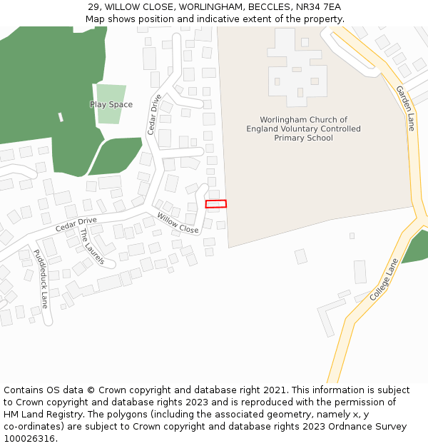 29, WILLOW CLOSE, WORLINGHAM, BECCLES, NR34 7EA: Location map and indicative extent of plot