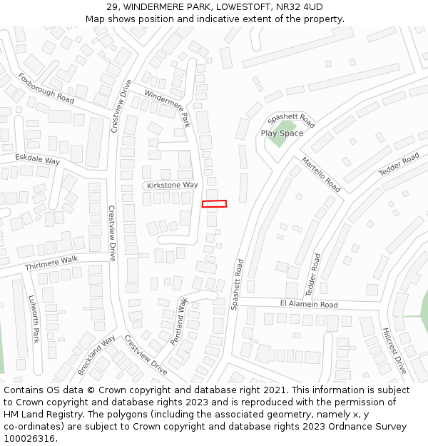 29, WINDERMERE PARK, LOWESTOFT, NR32 4UD: Location map and indicative extent of plot