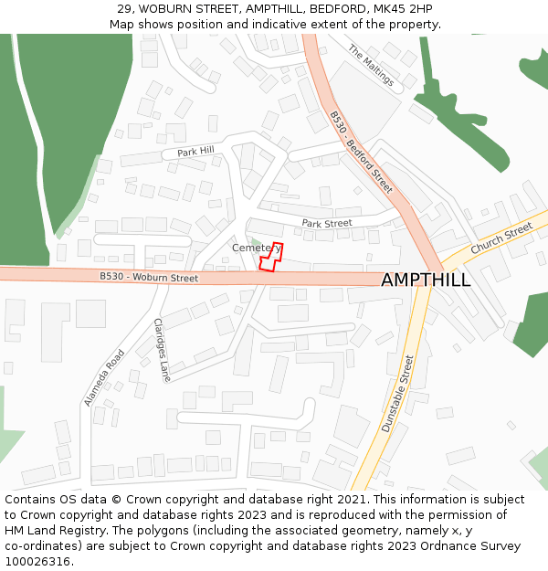 29, WOBURN STREET, AMPTHILL, BEDFORD, MK45 2HP: Location map and indicative extent of plot