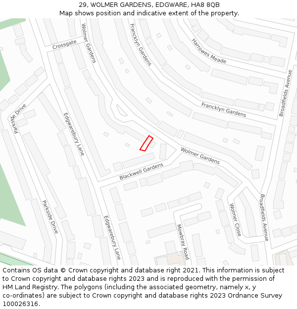 29, WOLMER GARDENS, EDGWARE, HA8 8QB: Location map and indicative extent of plot