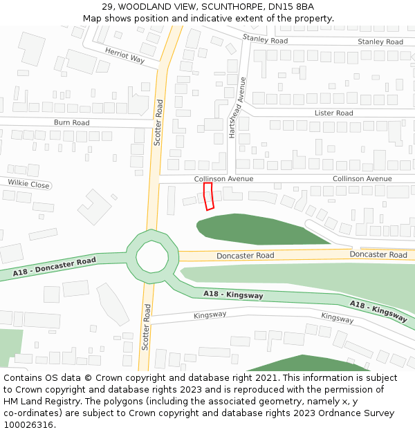 29, WOODLAND VIEW, SCUNTHORPE, DN15 8BA: Location map and indicative extent of plot
