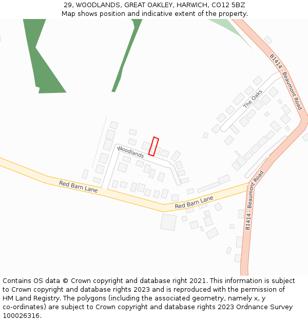 29, WOODLANDS, GREAT OAKLEY, HARWICH, CO12 5BZ: Location map and indicative extent of plot