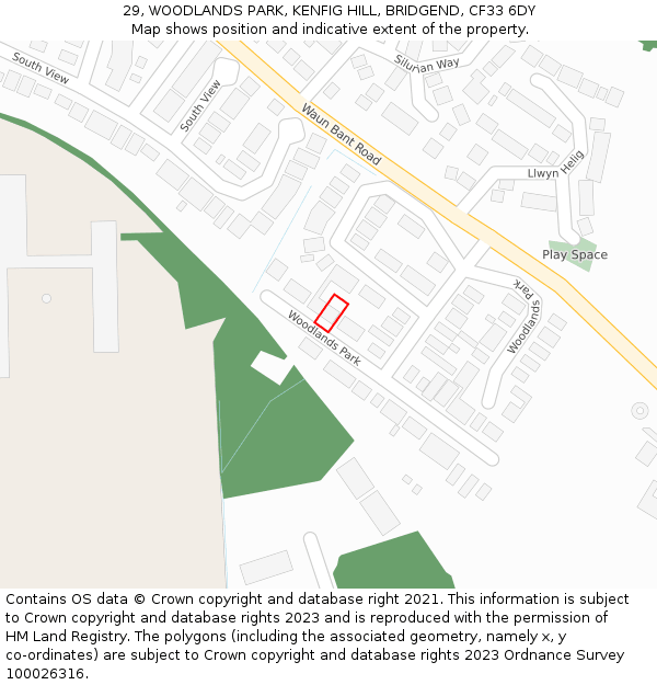 29, WOODLANDS PARK, KENFIG HILL, BRIDGEND, CF33 6DY: Location map and indicative extent of plot