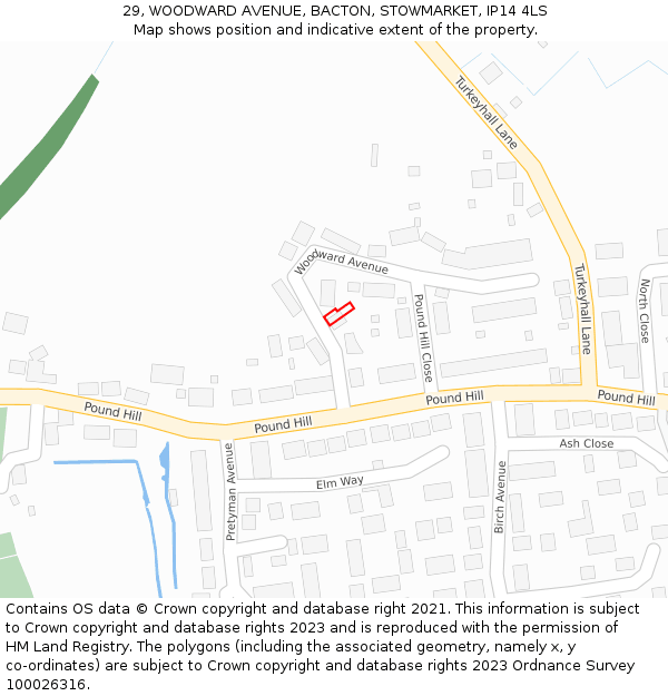 29, WOODWARD AVENUE, BACTON, STOWMARKET, IP14 4LS: Location map and indicative extent of plot