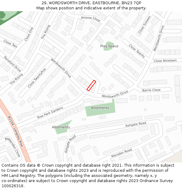 29, WORDSWORTH DRIVE, EASTBOURNE, BN23 7QP: Location map and indicative extent of plot